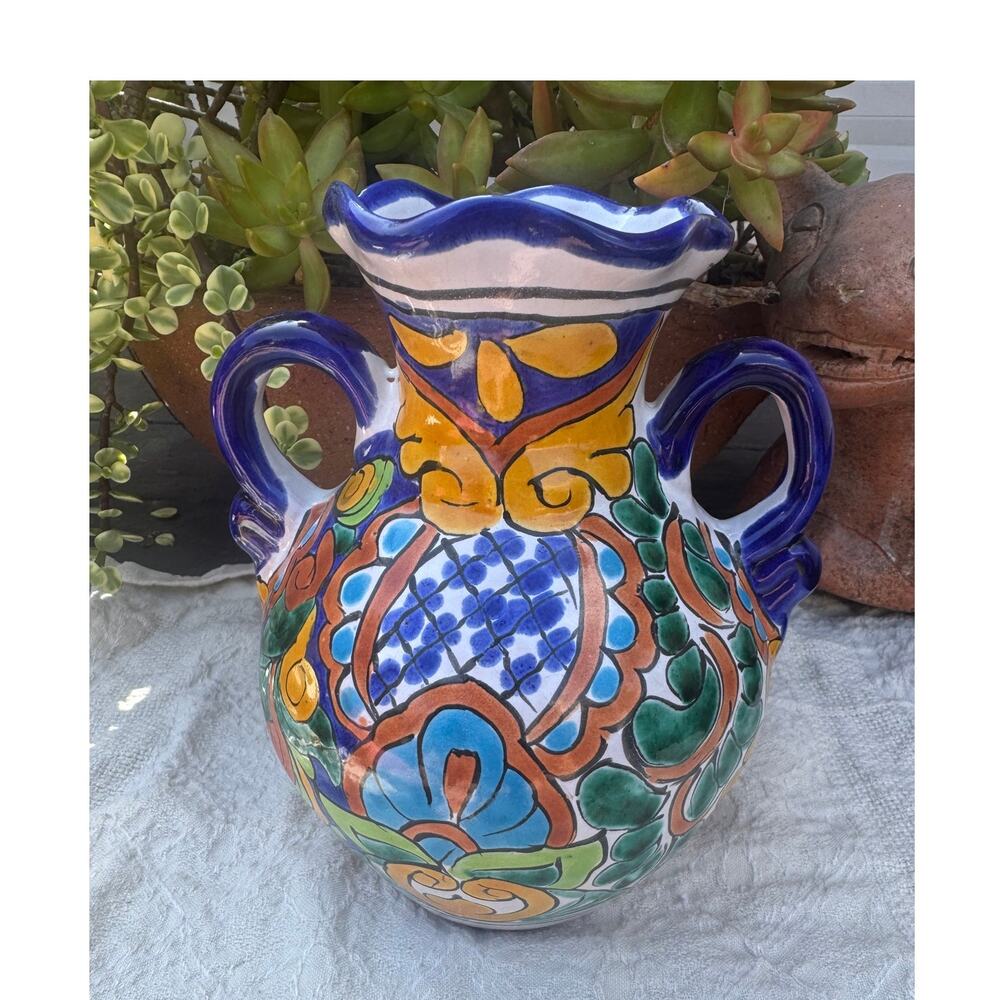 Vintage Talavera Castillo Mexican Pottery Vase Hand Painted Floral 8"